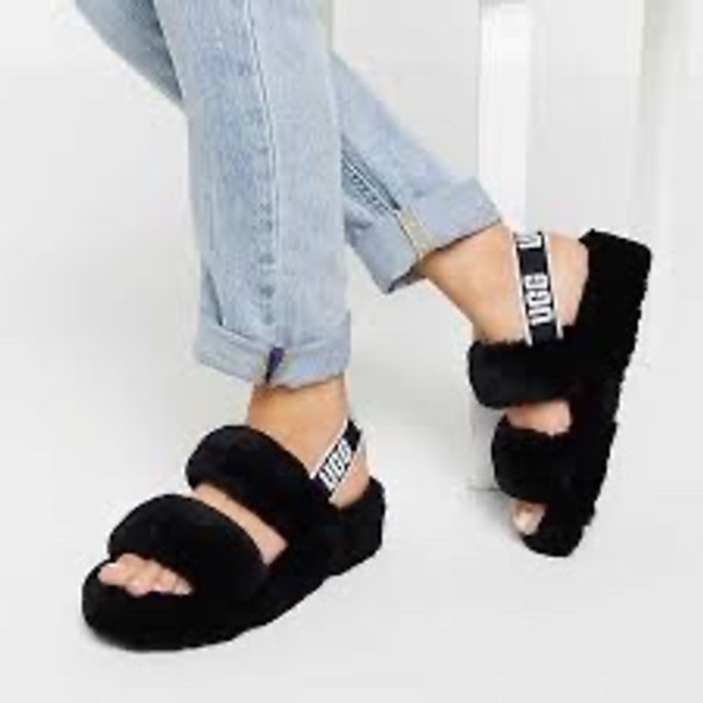 UGG Fluff Yeah Slide Black Sheepskin Slingback Sandals Women 8 Cozycore